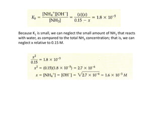 Because K1 is small, we can neglect the small amount of NH3 that reacts
with water, as compared to the total NH3 concentration; that is, we can
neglect x relative to 0.15 M.
 