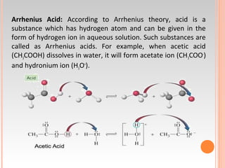 Arrhenius Acid: According to Arrhenius theory, acid is a
substance which has hydrogen atom and can be given in the
form of hydrogen ion in aqueous solution. Such substances are
called as Arrhenius acids. For example, when acetic acid
(CH3COOH) dissolves in water, it will form acetate ion (CH3COO-
)
and hydronium ion (H3O+
).
 