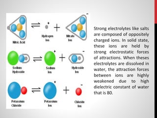 Strong electrolytes like salts
are composed of oppositely
charged ions. In solid state,
these ions are held by
strong electrostatic forces
of attractions. When theses
electrolytes are dissolved in
water, the attraction forces
between ions are highly
weakened due to high
dielectric constant of water
that is 80.
 