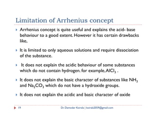 Limitation of Arrhenius concept
 Arrhenius concept is quite useful and explains the acid- base
behaviour to a good extent. However it has certain drawbacks
like,
 It is limited to only aqueous solutions and require dissociation
of the substance.
 It does not explain the acidic behaviour of some substances
which do not contain hydrogen. for example,AlCl3 .
 It does not explain the basic character of substances like NH3
and Na2CO3 which do not have a hydroxide groups.
 It does not explain the acidic and basic character of oxide
19 Dr. Damodar Koirala | koirala2059@gmail.com
 