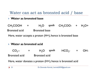 Water can act as bronsted acid / base
 Water as bronsted base
Here, water accepts a proton (H+), hence is bronsted base
CH3COOH + H2O CH3COO- + H3O+
Bronsted acid Bronsted base
 Water as bronsted acid
Here, water donates a proton (H+), hence is bronsted acid
21 Dr. Damodar Koirala | koirala2059@gmail.com
CO3-- + H2O HCO3- + OH-
Bronsted acid Bronsted acid
 