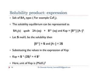  Salt of BA2 type: ( For example CaF2).
 The solubility equilibrium can be represented as
BA2(s) 2A-(aq) + B2+ (aq) and Ksp = [B2+] [A–]2
 Let S mol/L be the solubility then
Solubility product: expression
16 Dr. Damodar Koirala | koirala2059@gmail.com
 Let S mol/L be the solubility then
[B2+] = S and [A–] = 2S
 Substituting the values in the expression of Ksp
 Ksp = S * (2S)2 = 4 S3
 Here, unit of Ksp is (Mol/L)3
 