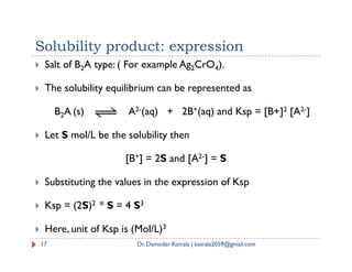  Salt of B2A type: ( For example Ag2CrO4).
 The solubility equilibrium can be represented as
B2A (s) A2-(aq) + 2B+(aq) and Ksp = [B+]2 [A2-]
 Let S mol/L be the solubility then
Solubility product: expression
17 Dr. Damodar Koirala | koirala2059@gmail.com
 Let S mol/L be the solubility then
[B+] = 2S and [A2-] = S
 Substituting the values in the expression of Ksp
 Ksp = (2S)2 * S = 4 S3
 Here, unit of Ksp is (Mol/L)3
 