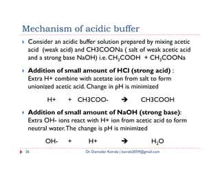 Mechanism of acidic buffer
 Consider an acidic buffer solution prepared by mixing acetic
acid (weak acid) and CH3COONa ( salt of weak acetic acid
and a strong base NaOH) i.e. CH3COOH + CH3COONa
 Addition of small amount of HCl (strong acid) :
Extra H+ combine with acetate ion from salt to form
unionized acetic acid. Change in pH is minimized
unionized acetic acid. Change in pH is minimized
 Addition of small amount of NaOH (strong base):
Extra OH- ions react with H+ ion from acetic acid to form
neutral water.The change is pH is minimized
26 Dr. Damodar Koirala | koirala2059@gmail.com
H+ + CH3COO-  CH3COOH
OH- + H+  H2O
 