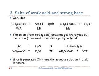 3. Salts of weak acid and strong base
 Consider,
 The anion (from strong acid) does not get hydrolyzed but
the cation (from weak base) does get hydrolyzed.
CH3COOH + NaOH CH3COONa + H2O
W.A S.B Salt
8 Dr. Damodar Koirala | koirala2059@gmail.com
the cation (from weak base) does get hydrolyzed.
 Since it generates OH- ions, the aqueous solution is basic
in nature.
Na+ + H2O  No hydrolysis
CH3COO- + H2O  CH3COOH + OH-
 