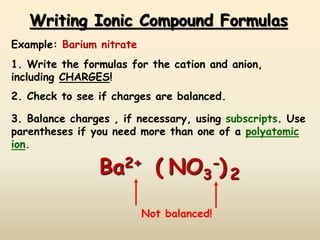 Writing Ionic Compound Formulas
Example: Barium nitrate
1. Write the formulas for the cation and anion,
including CHARGES!
Ba2+ NO3
-
2. Check to see if charges are balanced.
3. Balance charges , if necessary, using subscripts. Use
parentheses if you need more than one of a polyatomic
ion.
Not balanced!
( ) 2
 