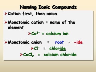 Naming Ionic Compounds
Cation first, then anion
Monatomic cation = name of the
element
Ca2+ = calcium ion
Monatomic anion = root + -ide
Cl- = chloride
CaCl2 = calcium chloride
 