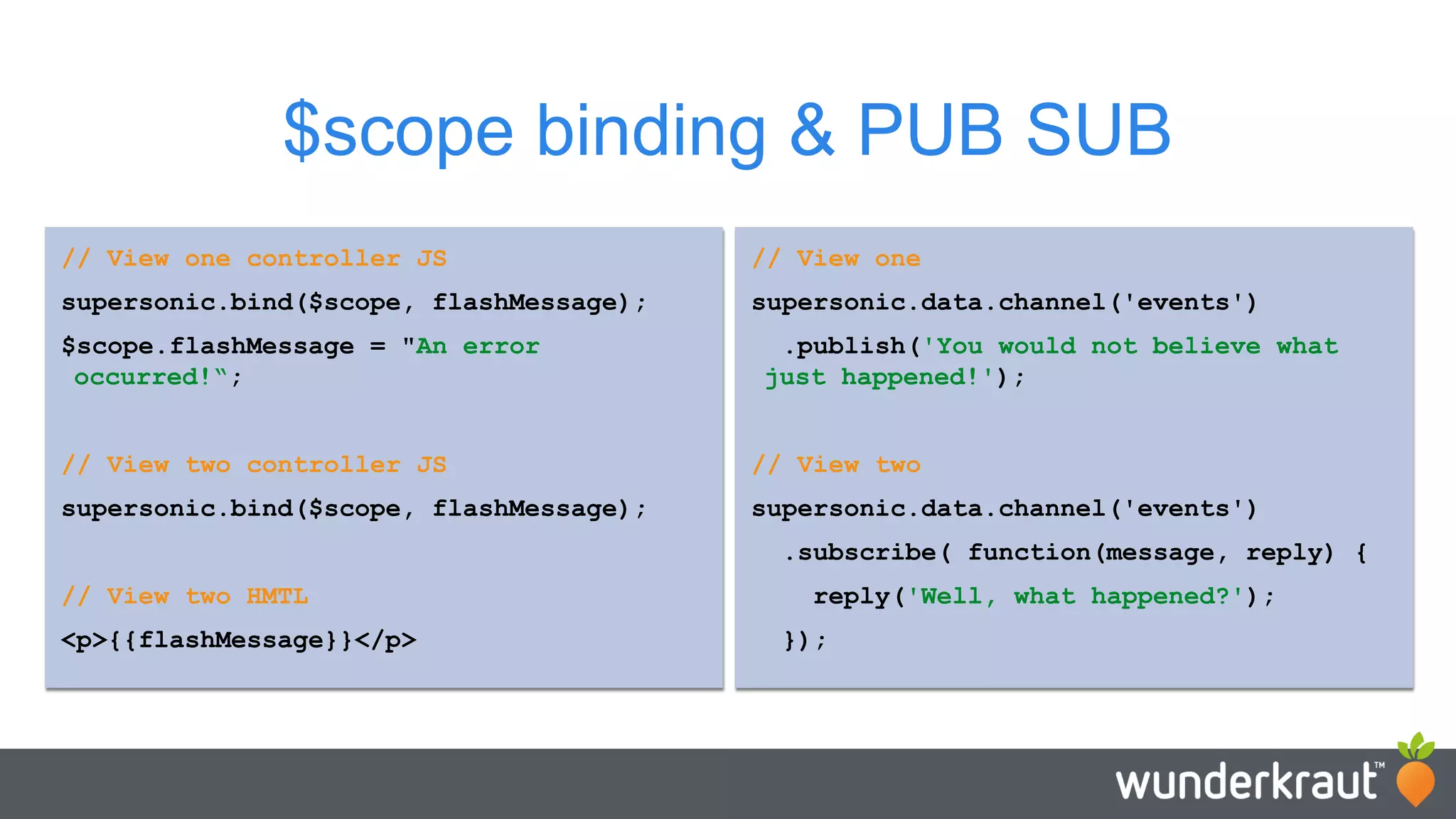 $scope binding & PUB SUB // View one controller JS supersonic.bind($scope, flashMessage); $scope.flashMessage = "An error occurred!“; // View two controller JS supersonic.bind($scope, flashMessage); // View two HMTL <p>{{flashMessage}}</p> // View one supersonic.data.channel('events') .publish('You would not believe what just happened!'); // View two supersonic.data.channel('events') .subscribe( function(message, reply) { reply('Well, what happened?'); }); 