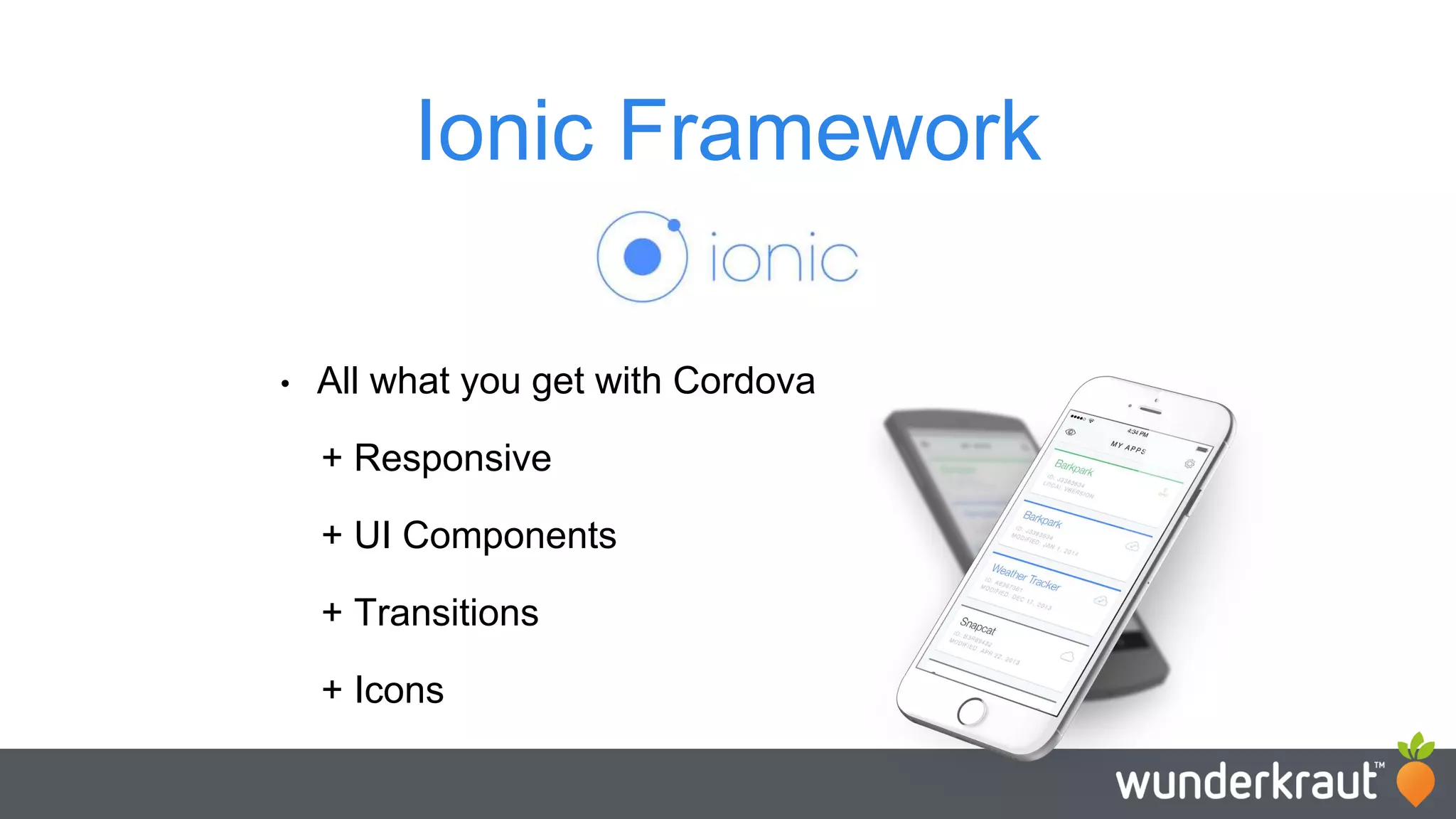 Ionic Framework • All what you get with Cordova + Responsive + UI Components + Transitions + Icons 