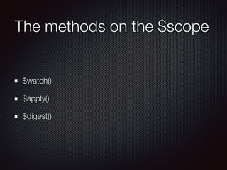 The methods on the $scope
$watch()
$apply()
$digest()
 