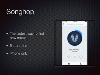 Songhop
The fastest way to ﬁnd
new music
5 star rated
iPhone only
 