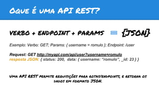 Oque é uma API REST?
VERBO + ENDPOINT + PARAMS
Uma API REST permite requisições para rotas/endpoints, e retorna os
dados em formato JSON.
Exemplo: Verbo: GET; Params: { username = romulo }; Endpoint: /user
Request: GET http://myapi.com/api/user?username=romulo
resposta JSON: { status: 200, data: { username: “romulo”, _id: 23 } }
{JSON}
 