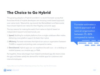 Forrester estimates a
hybrid approach will
save an organization
between 75−80%
compared to native.
ebook 04
The Choice to Go Hybrid
The growing adoption of hybrid is evident in a recent Forrester survey that
found two-thirds of mobile developers are choosing a web-based approach
over native tools.2
Meanwhile, top brands like MarketWatch and Nationwide
have chosen hybrid over native for their flagship consumer apps.
The top reasons for making the switch from native to hybrid, based on
independent research and testimonials, are:
1. Speed. Building for multiple platforms from a single codebase often makes
delivering cross-platform apps 2-3x faster than native.
2. Efficiency. Forrester estimates that hybrid can save an organization between
75-80% in support and porting costs compared to native.
3. Omnichannel. Hybrid apps can run anywhere the web runs - on a desktop or
mobile browser, as a mobile app, or PWA.
Put together, these advantages have helped centralized app dev teams close
the gap and better satisfy the demand for mobile apps for customers and
internal employees.
2
Native, Web, And Cross-Platform Mobile Apps All Have Their Place - April 5th 2016 Forrester
 