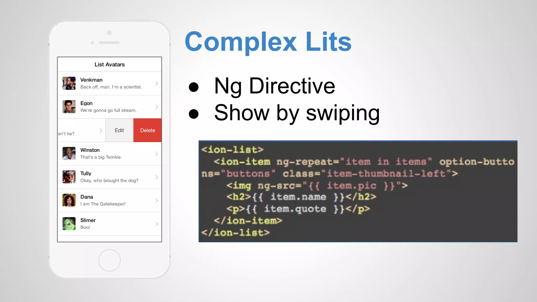 Complex Lits ● Ng Directive ● Show by swiping 