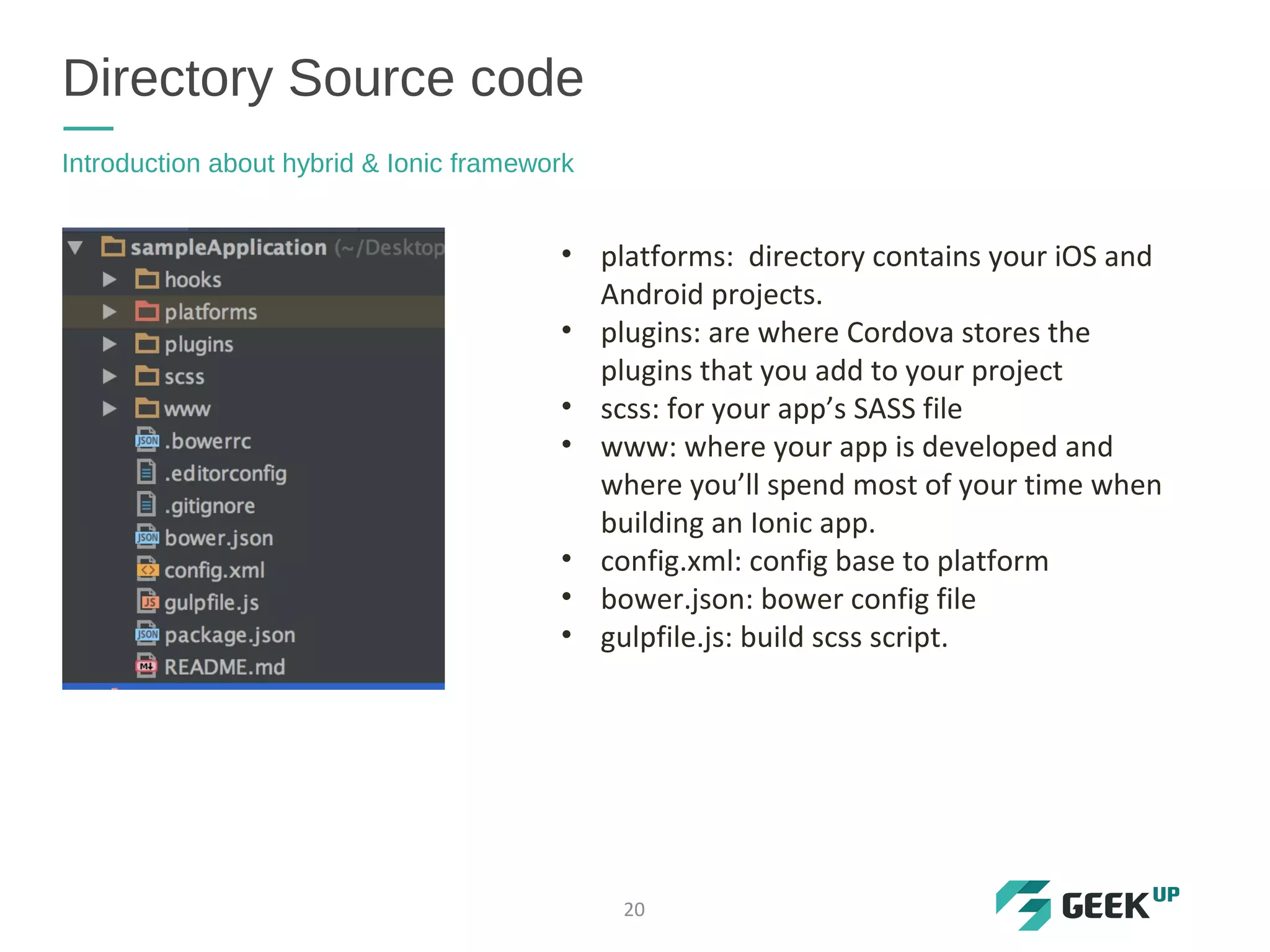 Directory Source code
Introduction about hybrid & Ionic framework
20
• platforms: directory contains your iOS and
Android projects.
• plugins: are where Cordova stores the
plugins that you add to your project
• scss: for your app’s SASS file
• www: where your app is developed and
where you’ll spend most of your time when
building an Ionic app.
• config.xml: config base to platform
• bower.json: bower config file
• gulpfile.js: build scss script.
 