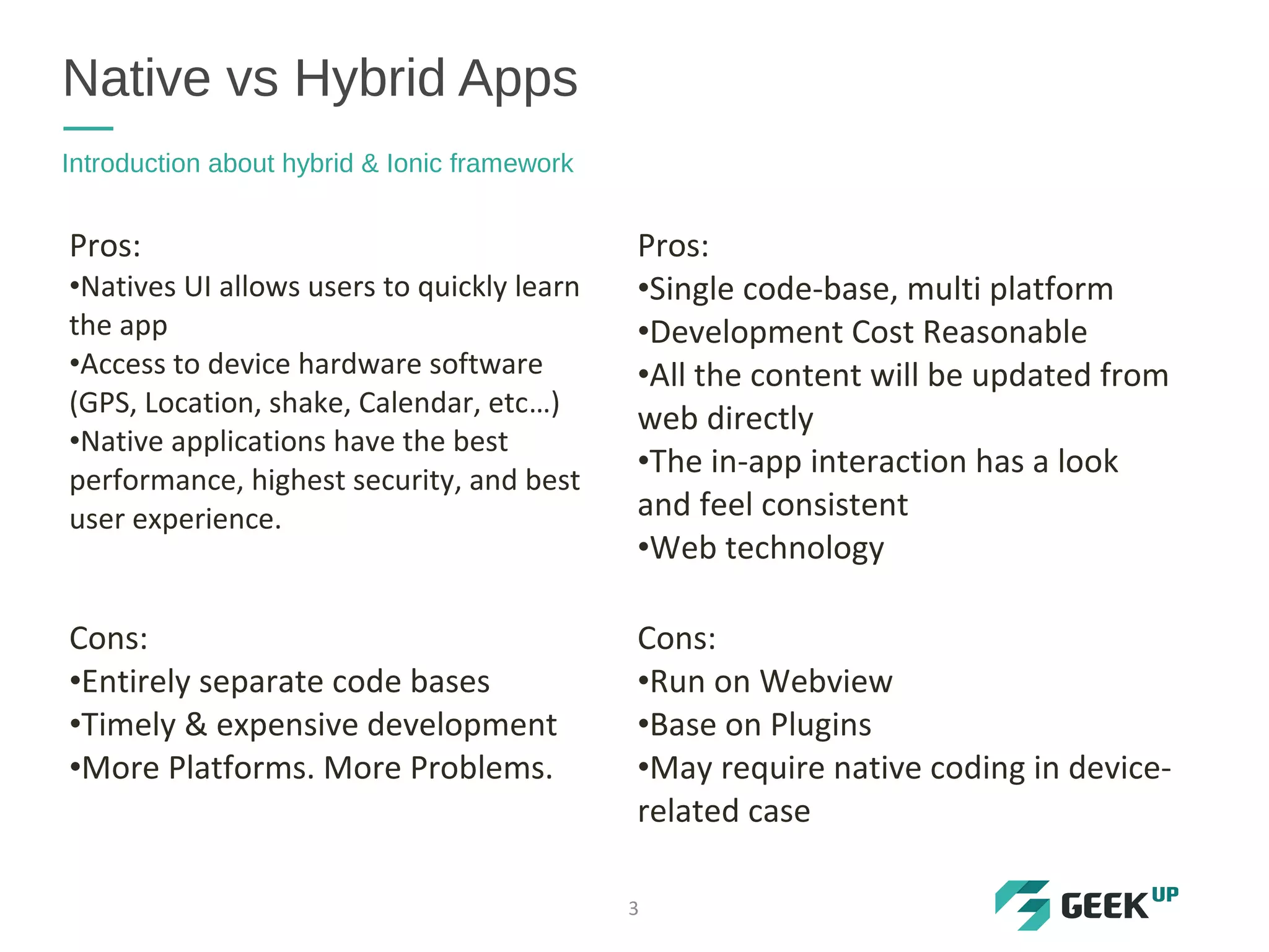 Pros:
•Natives UI allows users to quickly learn
the app
•Access to device hardware software
(GPS, Location, shake, Calendar, etc…)
•Native applications have the best
performance, highest security, and best
user experience.
Pros:
•Single code-base, multi platform
•Development Cost Reasonable
•All the content will be updated from
web directly
•The in-app interaction has a look
and feel consistent
•Web technology
Cons:
•Entirely separate code bases
•Timely & expensive development
•More Platforms. More Problems.
Cons:
•Run on Webview
•Base on Plugins
•May require native coding in device-
related case
Native vs Hybrid Apps
Introduction about hybrid & Ionic framework
3
 