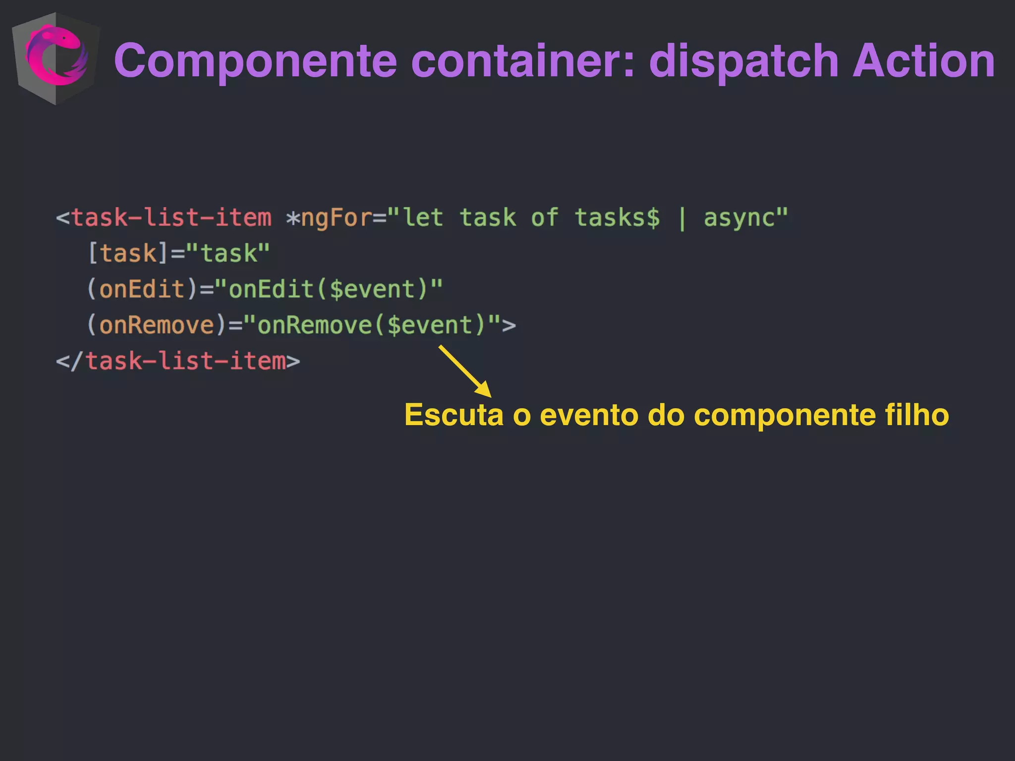 Componente container: dispatch Action Escuta o evento do componente ﬁlho 