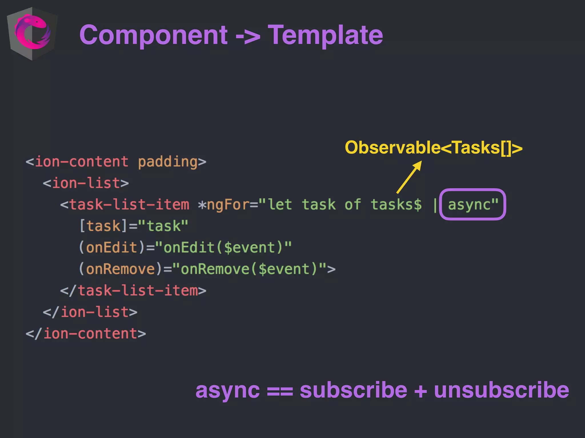 Component -> Template
Observable<Tasks[]>
async == subscribe + unsubscribe
 