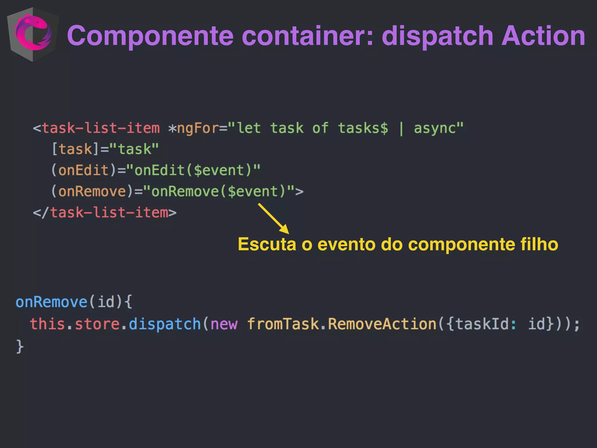 Componente container: dispatch Action
Escuta o evento do componente ﬁlho
 