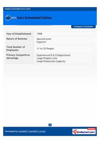 - Company Factsheet -


Year of Establishment   1998

Nature of Business      Manufacturer
                        Exporter

Total Number of
                        11 to 25 People
Employees

Primary Competitive     Experienced R & D Department
Advantage               Large Product Line
                        Large Production Capacity
 