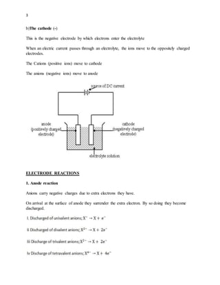 3
b)The cathode (-)
This is the negative electrode by which electrons enter the electrolyte
When an electric current passes through an electrolyte, the ions move to the oppositely charged
electrodes.
The Cations (positive ions) move to cathode
The anions (negative ions) move to anode
ELECTRODE REACTIONS
1. Anode reaction
Anions carry negative charges due to extra electrons they have.
On arrival at the surface of anode they surrender the extra electron. By so doing they become
discharged.
 