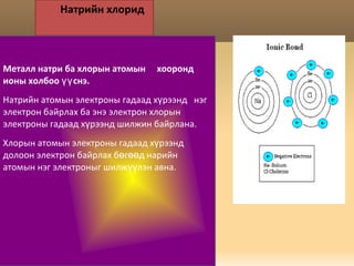Натрийн хлорид Металл натри ба хлорын атомын  хооронд ионы холбоо үүснэ. Натрийн атомын электроны гадаад хүрээнд  нэг электрон байрлах ба энэ электрон хлорын электроны гадаад хүрээнд шилжин байрлана. Хлорын атомын электроны гадаад хүрээнд долоон электрон байрлах бөгөөд нарийн атомын нэг электроныг шилжүүлэн авна.  