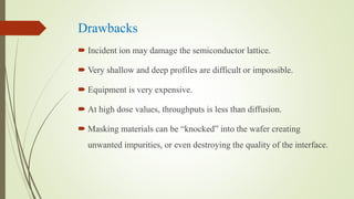 Drawbacks
 Incident ion may damage the semiconductor lattice.
 Very shallow and deep profiles are difficult or impossible.
 Equipment is very expensive.
 At high dose values, throughputs is less than diffusion.
 Masking materials can be “knocked” into the wafer creating
unwanted impurities, or even destroying the quality of the interface.
 