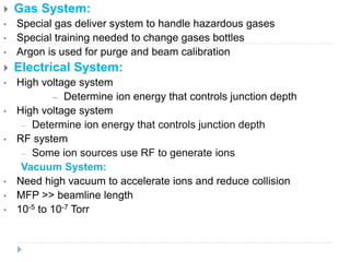  Gas System:
• Special gas deliver system to handle hazardous gases
• Special training needed to change gases bottles
• Argon is used for purge and beam calibration
 Electrical System:
• High voltage system
– Determine ion energy that controls junction depth
• High voltage system
– Determine ion energy that controls junction depth
• RF system
– Some ion sources use RF to generate ions
Vacuum System:
• Need high vacuum to accelerate ions and reduce collision
• MFP >> beamline length
• 10-5 to 10-7 Torr
 