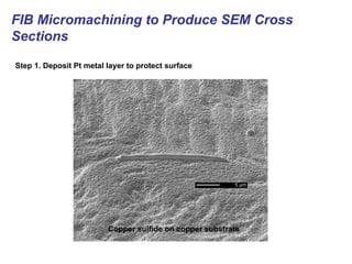 FIB Micromachining to Produce SEM Cross
Sections
Copper sulfide on copper substrate
Step 1. Deposit Pt metal layer to protect surface
 