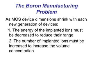 The Boron Manufacturing
Problem
As MOS device dimensions shrink with each
new generation of devices:
1. The energy of the implanted ions must
be decreased to reduce their range
2. The number of implanted ions must be
increased to increase the volume
concentration
 