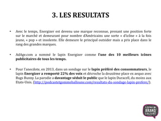 3. LES RESULTATS
• Avec le temps, Energizer est devenu une marque reconnue, prenant une position forte
sur le marché et demeurant pour nombre d’Américains une sorte « d’icône » à la fois
jeune, « pop » et insolente. Elle demeure le principal outsider mais a pris place dans le
rang des grandes marques.
• AdAge.com a nommé le lapin Energizer comme l’une des 10 meilleurs icônes
publicitaires de tous les temps.
• Pour l’anecdote, en 2013, dans un sondage sur le lapin préféré des consommateurs, le
lapin Energizer a remporté 22% des voix et décroche la deuxième place ex aequo avec
Bugs Bunny. La parodie a davantage séduit le public que le lapin Duracell, du moins aux
Etats-Unis. (http://podcastetgommeballoune.com/resultats-du-sondage-lapin-prefere/).
10
 