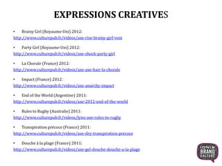 EXPRESSIONS CREATIVES
• Brainy Girl (Royaume-Uni) 2012:
http://www.culturepub.fr/videos/axe-rise-brainy-girl-vost
• Party Girl (Royaume-Uni) 2012:
http://www.culturepub.fr/videos/axe-shock-party-girl
• La Chorale (France) 2012:
http://www.culturepub.fr/videos/axe-axe-hair-la-chorale
• Impact (France) 2012:
http://www.culturepub.fr/videos/axe-anarchy-impact
• End of the World (Argentine) 2011:
http://www.culturepub.fr/videos/axe-2012-end-of-the-world
• Rules to Rugby (Australie) 2011:
http://www.culturepub.fr/videos/lynx-axe-rules-to-rugby
• Transpiration précoce (France) 2011:
http://www.culturepub.fr/videos/axe-dry-transpiration-precoce
• Douche à la plage (France) 2011:
http://www.culturepub.fr/videos/axe-gel-douche-douche-a-la-plage
 