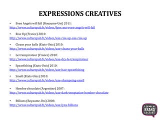 EXPRESSIONS CREATIVES
• Even Angels will fall (Royaume-Uni) 2011:
http://www.culturepub.fr/videos/lynx-axe-even-angels-will-fall
• Rise Up (France) 2010:
http://www.culturepub.fr/videos/axe-rise-up-axe-rise-up
• Cleans your balls (Etats-Unis) 2010:
http://www.culturepub.fr/videos/axe-cleans-your-balls
• Le transpirateur (France) 2010:
http://www.culturepub.fr/videos/axe-dry-le-transpirateur
• Spearfishing (Etats-Unis) 2010:
http://www.culturepub.fr/videos/axe-hair-spearfishing
• Smell (Etats-Unis) 2010:
http://www.culturepub.fr/videos/axe-shampoing-smell
• Hombre chocolate (Argentine) 2007:
http://www.culturepub.fr/videos/axe-dark-temptation-hombre-chocolate
• Billions (Royaume-Uni) 2006:
http://www.culturepub.fr/videos/axe-lynx-billions
 