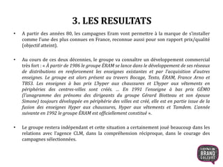 3. LES RESULTATS
• A partir des années 80, les campagnes Eram vont permettre à la marque de s’installer
comme l’une des plus connues en France, reconnue aussi pour son rapport prix/qualité
(objectif atteint).
• Au cours de ces deux décennies, le groupe va connaître un développement commercial
très fort : « À partir de 1986 le groupe ÉRAM se lance dans le développement de ses réseaux
de distributions en renforcement les enseignes existantes et par l’acquisition d’autres
enseignes. Le groupe est alors présent au travers Bocage, Texto, ÉRAM, France Arno et
TBS3. Les enseignes à bas prix L’hyper aux chaussures et L’hyper aux vêtements en
périphéries des centres-villes sont créés. … En 1991 l'enseigne à bas prix GÉMO
(l'anagramme des prénoms des dirigeants du groupe Gérard Biotteau et son épouse
Simone) toujours développée en périphérie des villes est créé, elle est en partie issue de la
fusion des enseignes Hyper aux chaussures, Hyper aux vêtements et Tamdem. L'année
suivante en 1992 le groupe ÉRAM est officiellement constitué ».
• Le groupe restera indépendant et cette situation a certainement joué beaucoup dans les
relations avec l’agence CLM, dans la compréhension réciproque, dans le courage des
campagnes sélectionnées.
15
 