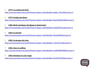 • 1979 : Le cadeau de Paris
http://www.youtube.com/watch?feature=player_embedded&v=dqMn_l_Ww48&version=3
• 1979: Couple qui danse
http://www.youtube.com/watch?feature=player_embedded&v=OqyHxZ89XmM&version=3
• 1980: Mode Asiatique, Nordique et Américaine
http://www.youtube.com/watch?feature=player_embedded&v=2HOqEPY2ryc&version=3
• 1981: La piscine
http://www.youtube.com/watch?feature=player_embedded&v=9liaeDsfIh8&version=3
• 1982: Le groupe des cinq
http://www.youtube.com/watch?feature=player_embedded&v=-1l3x2t3LcU&version=3
• 1983: Chez le coiffeur
http://www.youtube.com/watch?feature=player_embedded&v=msMWNfRCfM8&version=3
• 1983: Hommes en cuir rouge
http://www.youtube.com/watch?feature=player_embedded&v=zCel9Yxw09A&version=3
19
 