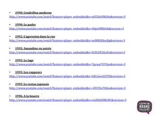 • 1990: Cendrillon moderne
http://www.youtube.com/watch?feature=player_embedded&v=xbTLRrPML8o&version=3
• 1990: Le padre
http://www.youtube.com/watch?feature=player_embedded&v=68poOfRfe6k&version=3
• 1992: L’agression dans la rue
http://www.youtube.com/watch?feature=player_embedded&v=noMXO0JeyRg&version=3
• 1993: Amandine en soirée
http://www.youtube.com/watch?feature=player_embedded&v=ICDLDF2GnFo&version=3
• 1995: Le juge
http://www.youtube.com/watch?feature=player_embedded&v=7gvwp7O59ps&version=3
• 1995: Les rappeurs
http://www.youtube.com/watch?feature=player_embedded&v=SdCuwcd2STE&version=3
• 1995: Le restau japonais
http://www.youtube.com/watch?feature=player_embedded&v=-0TUTm7Xfms&version=3
• 1996: A la bourre
http://www.youtube.com/watch?feature=player_embedded&v=vmXNiIHMLBU&version=3
24
 