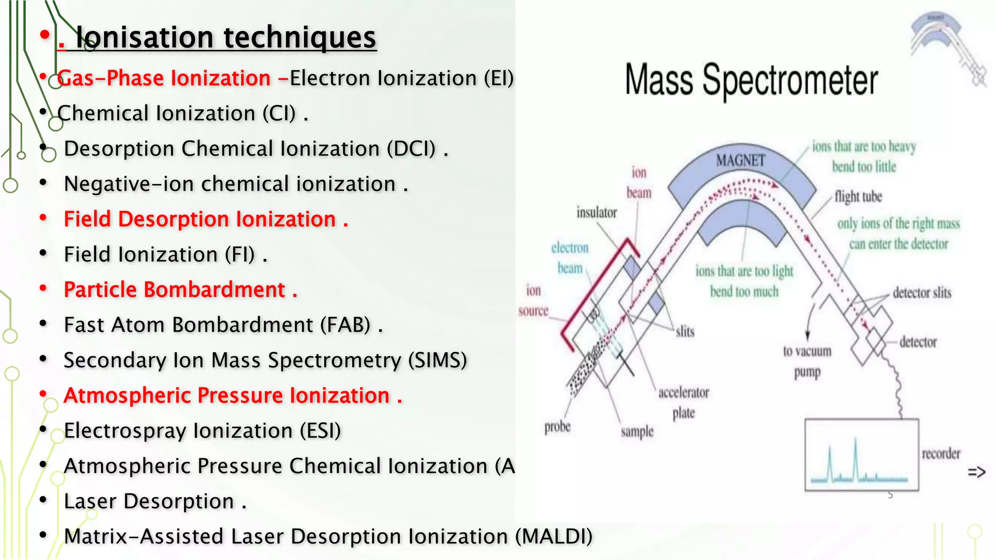 • . Ionisation techniques
• Gas-Phase Ionization -Electron Ionization (EI) .
• Chemical Ionization (CI) .
• Desorption Chemical Ionization (DCI) .
• Negative-ion chemical ionization .
• Field Desorption Ionization .
• Field Ionization (FI) .
• Particle Bombardment .
• Fast Atom Bombardment (FAB) .
• Secondary Ion Mass Spectrometry (SIMS)
• Atmospheric Pressure Ionization .
• Electrospray Ionization (ESI)
• Atmospheric Pressure Chemical Ionization (APCI)
• Laser Desorption .
• Matrix-Assisted Laser Desorption Ionization (MALDI)
5
 