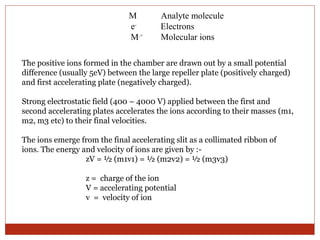 M Analyte molecule 
e- Electrons 
M.+ Molecular ions 
The positive ions formed in the chamber are drawn out by a small potential 
difference (usually 5eV) between the large repeller plate (positively charged) 
and first accelerating plate (negatively charged). 
Strong electrostatic field (400 – 4000 V) applied between the first and 
second accelerating plates accelerates the ions according to their masses (m1, 
m2, m3 etc) to their final velocities. 
The ions emerge from the final accelerating slit as a collimated ribbon of 
ions. The energy and velocity of ions are given by :- 
zV = ½ (m1v1) = ½ (m2v2) = ½ (m3v3) 
z = charge of the ion 
V = accelerating potential 
v = velocity of ion 
 