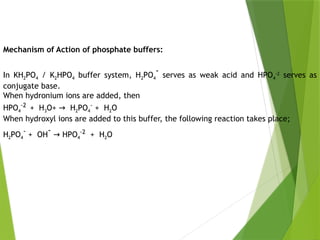 Mechanism of Action of phosphate buffers:
In KH2PO4 / K2HPO4 buffer system, H2PO4
-
serves as weak acid and HPO4
-2
serves as
conjugate base.
When hydronium ions are added, then
HPO4
-2
+ H3O+ H
→ 2PO4
-
+ H2O
When hydroxyl ions are added to this buffer, the following reaction takes place;
H2PO4
-
+ OH
-
HPO
→ 4
-2
+ H2O
 