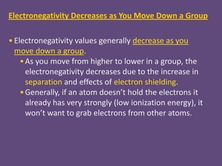 Electronegativity Decreases as You Move Down a Group

• Electronegativity values generally decrease as you
  move down a group.
    • As you move from higher to lower in a group, the
      electronegativity decreases due to the increase in
      separation and effects of electron shielding.
    • Generally, if an atom doesn’t hold the electrons it
      already has very strongly (low ionization energy), it
      won’t want to grab electrons from other atoms.
 