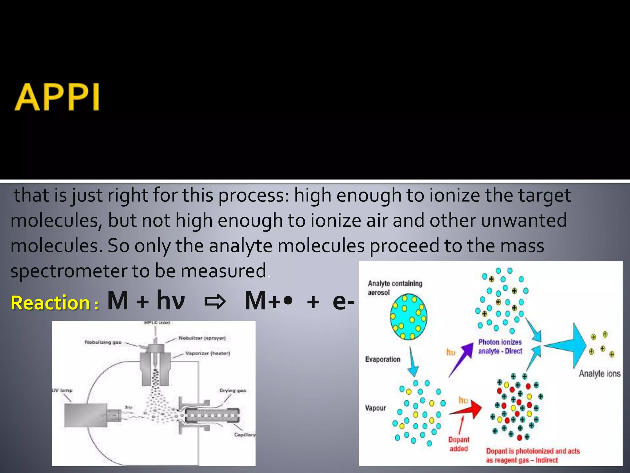 that is just right for this process: high enough to ionize the target
molecules, but not high enough to ionize air and other unwanted
molecules. So only the analyte molecules proceed to the mass
spectrometer to be measured.
Reaction : M + hν ⇨ M+• + e-
 