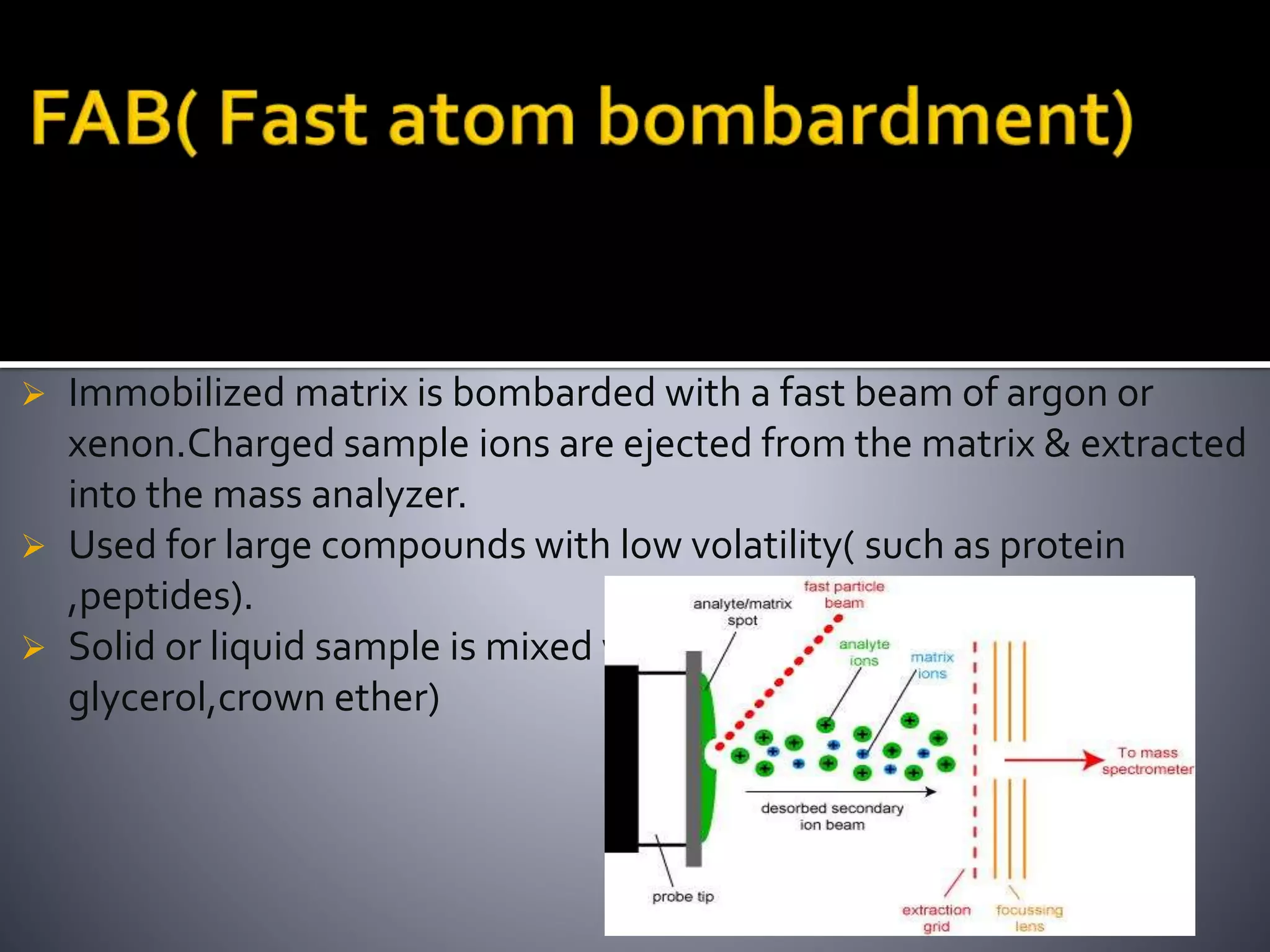  Immobilized matrix is bombarded with a fast beam of argon or
xenon.Charged sample ions are ejected from the matrix & extracted
into the mass analyzer.
 Used for large compounds with low volatility( such as protein
,peptides).
 Solid or liquid sample is mixed with a non-volatile matrix (
glycerol,crown ether)
 