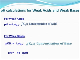 pH calculations for Weak Acids and Weak Bases
For Weak Acids
pH = -Log10
For Weak Bases
pOH = Log10
pH = 14 - pOH
 
