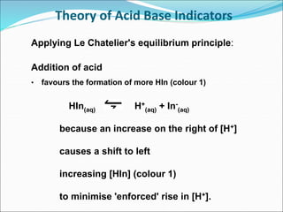 Theory of Acid Base Indicators
Applying Le Chatelier's equilibrium principle:
Addition of acid
• favours the formation of more HIn (colour 1)
HIn(aq) H+
(aq) + In-
(aq)
because an increase on the right of [H+]
causes a shift to left
increasing [HIn] (colour 1)
to minimise 'enforced' rise in [H+].
 