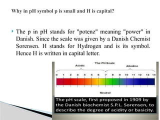  The p in pH stands for "potenz" meaning "power" in
Danish. Since the scale was given by a Danish Chemist
Sorensen. H stands for Hydrogen and is its symbol.
Hence H is written in capital letter.
Why in pH symbol p is small and H is capital?
 