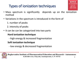 RIPER
AUTONOMOUS
NAAC &
NBA (UG)
SIRO- DSIR
Raghavendra Institute of Pharmaceutical Education and Research - Autonomous
K.R.Palli Cross, Chiyyedu, Anantapuramu, A. P- 515721 8
• Mass spectrum is significantly depends up on the ionization
method
• Variations in the spectrum is introduced in the form of
1. number of peaks
2. intensity of peaks
• It can be can be categorized into two parts
Hard ionization technique
- high energy & increased fragmentation
Soft ionization technique
- low energy & decreased fragmentation
Types of ionization techniques
 