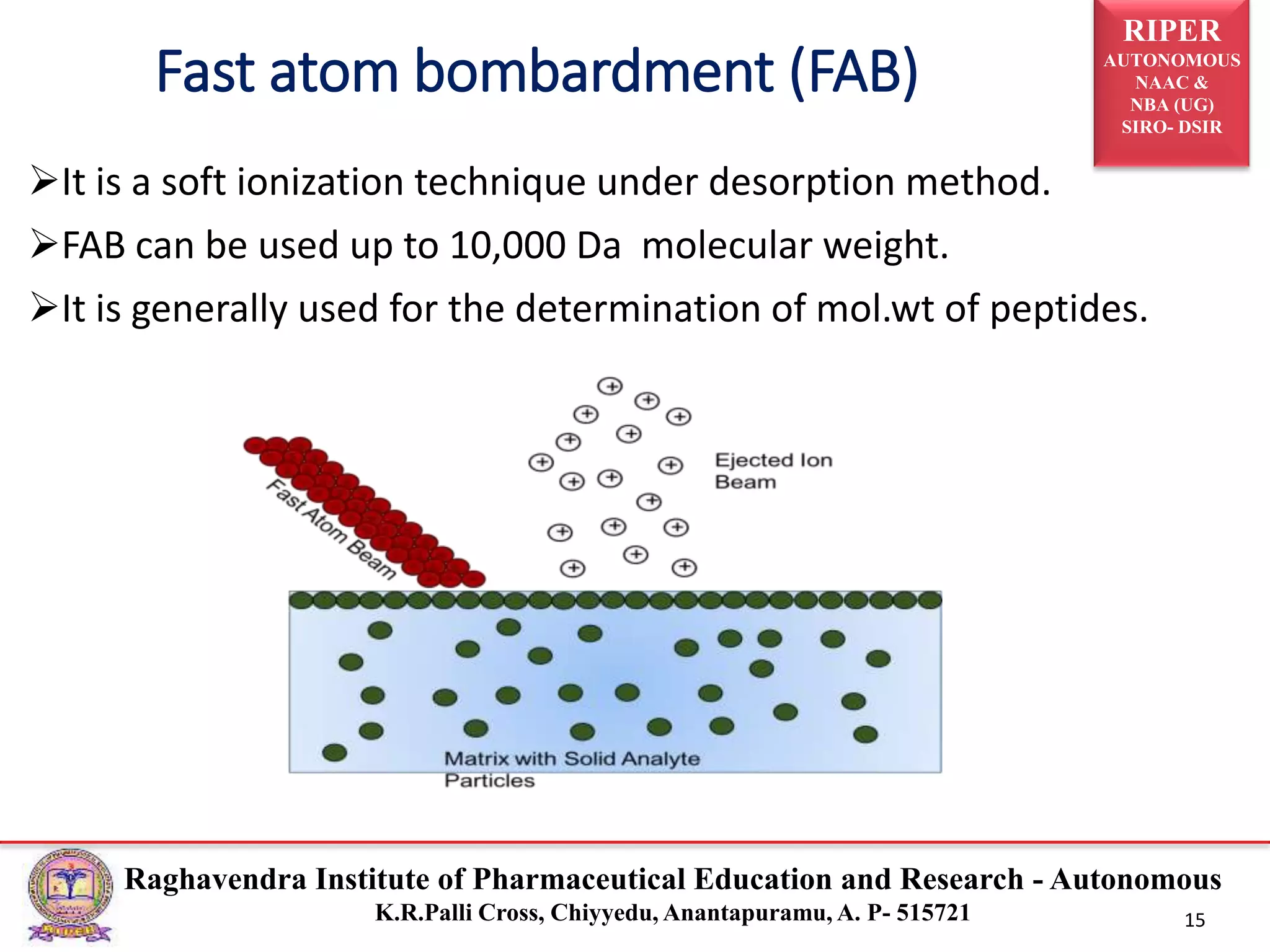 RIPER
AUTONOMOUS
NAAC &
NBA (UG)
SIRO- DSIR
Raghavendra Institute of Pharmaceutical Education and Research - Autonomous
K.R.Palli Cross, Chiyyedu, Anantapuramu, A. P- 515721 15
It is a soft ionization technique under desorption method.
FAB can be used up to 10,000 Da molecular weight.
It is generally used for the determination of mol.wt of peptides.
Fast atom bombardment (FAB)
 