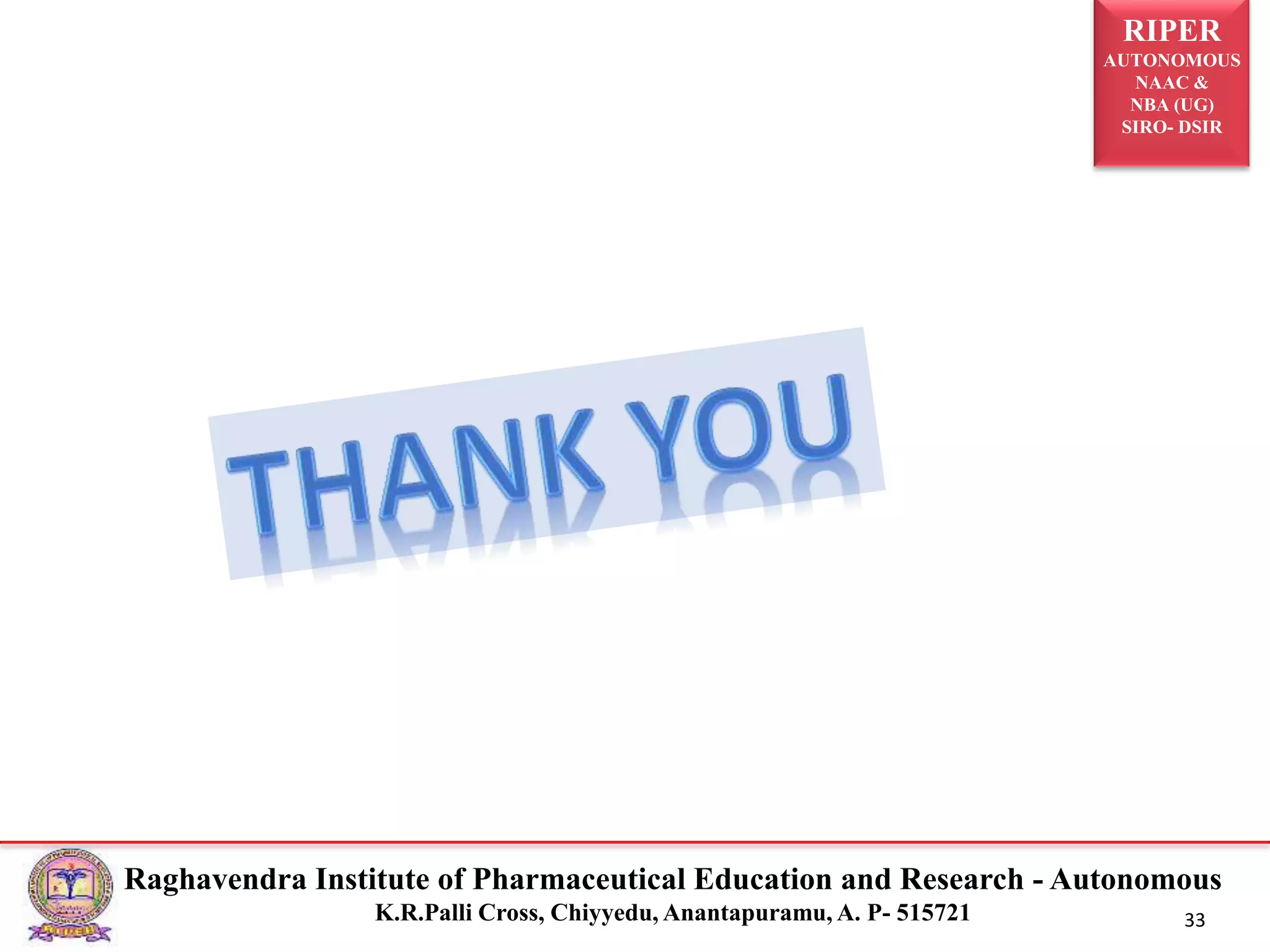 RIPER
AUTONOMOUS
NAAC &
NBA (UG)
SIRO- DSIR
Raghavendra Institute of Pharmaceutical Education and Research - Autonomous
K.R.Palli Cross, Chiyyedu, Anantapuramu, A. P- 515721 33
 