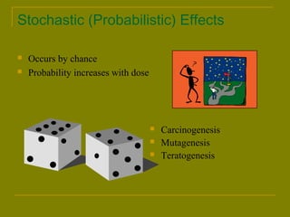 Stochastic (Probabilistic) Effects 
 Occurs by chance 
 Probability increases with dose 
 Carcinogenesis 
 Mutagenesis 
 Teratogenesis 
 
