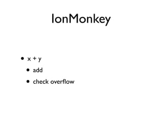 IonMonkey

• x+y
 • add
 • check overﬂow
 